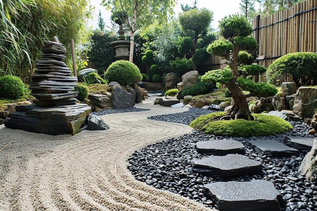 Harmonie der Elemente Menschloser Zen-Garten mit japanischem Minimalismus