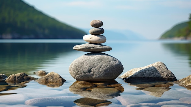 Harmonie im Gleichgewicht. Konzeptionelle Steine im perfekten Gleichgewicht gegen das Meer in der Natur:
