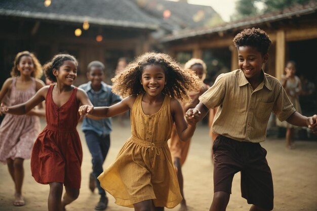 Harmonie in der Vielfalt Kirsche Kinder verschiedener Rassen tanzen zusammen fröhliches Mädchen Junge glückliches Leben