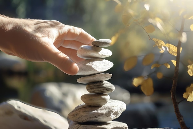 Foto harmonie und positiver geist. von hand gesetzter weißer natursteinstapel, um die ki-erzeugung auszugleichen