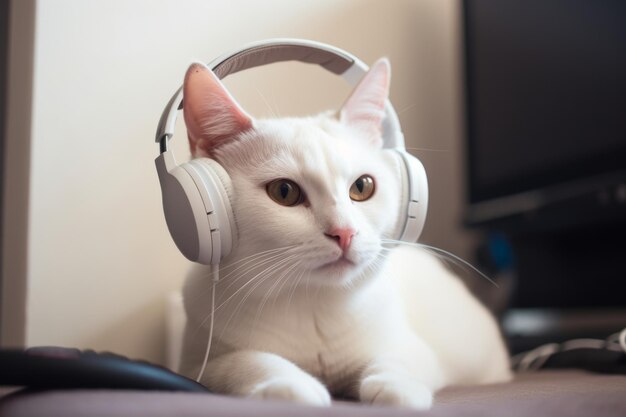 Harmonien mit Schnurrbart Eine Katze mit Kopfhörern findet Ruhe in der Welt der Melodie