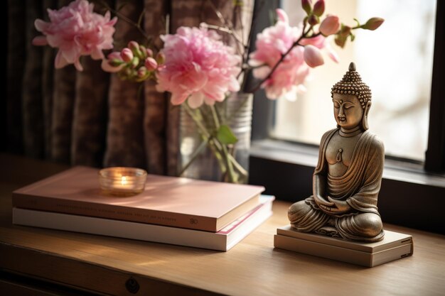 Foto harmony in serenity eine zarte anordnung von blumen und einer buddha-figur auf einer kommode