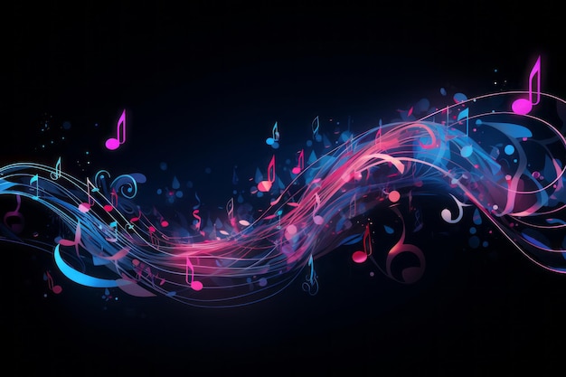 Harmony in the Night Notas musicais cor-de-rosa e azuis em fundo escuro IA geradora