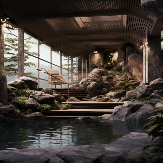 Foto harmony retreat eine fusion von spa japandi serenity und poolside oasis eingebettet inmitten von felsen und pam