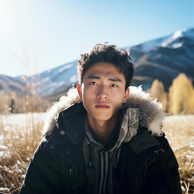 Foto harmony within nature's embrace uma viagem cinematográfica com um vibrante menino chinês de 28 anos em meio à s