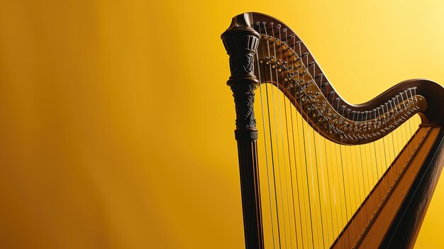 Foto harpa elegante contra um fundo amarelo monocromático destacando suas curvas