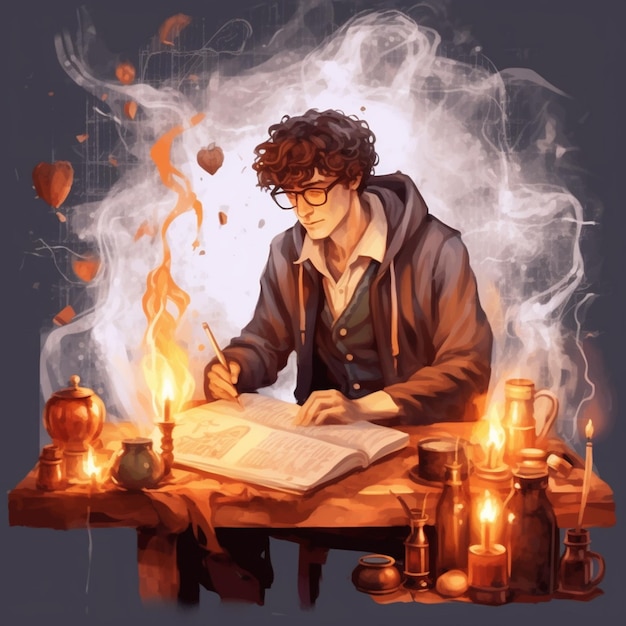 Harry potter escribiendo un libro con velas y una vela generativa ai