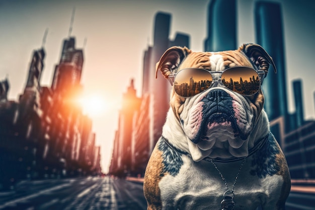 Harte urbane Bulldogge mit Sonnenbrille mit Wolkenkratzern im Hintergrund Der böse Junge in der Stadt Gnerative AI