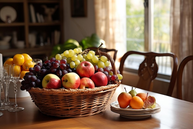 Harvest Bounty Uma cesta colorida de maçãs e uvas adorna a mesa de jantar da cozinha