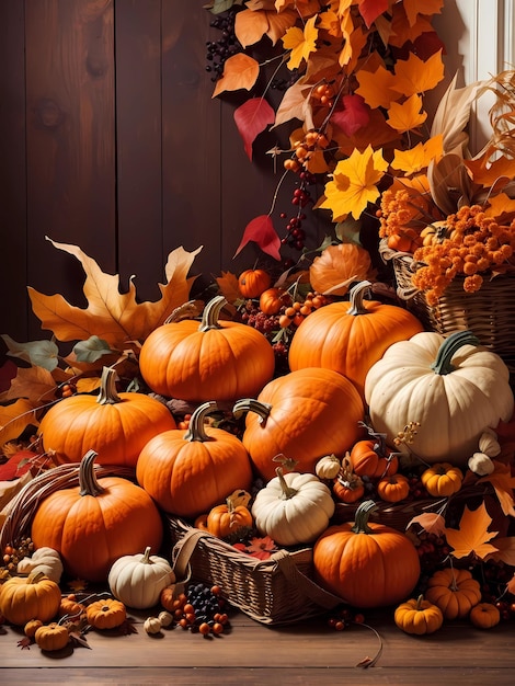 Harvest Medley Fondo de otoño con calabazas y Cornucopia