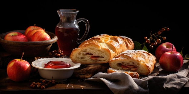 Foto harvest treats uma mesa rústica exibindo cidra de maçã quente e bolos inspirados no outono ia geradora