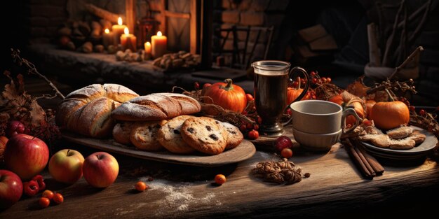 Foto harvest treats uma mesa rústica exibindo cidra de maçã quente e bolos inspirados no outono ia geradora