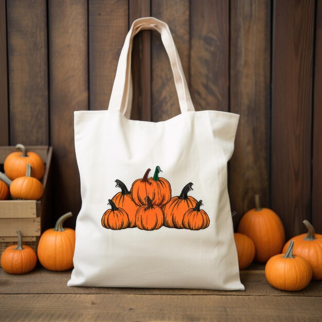 Harvest Vibes FallThemed Cotton Tote Bag com fundo de abóbora