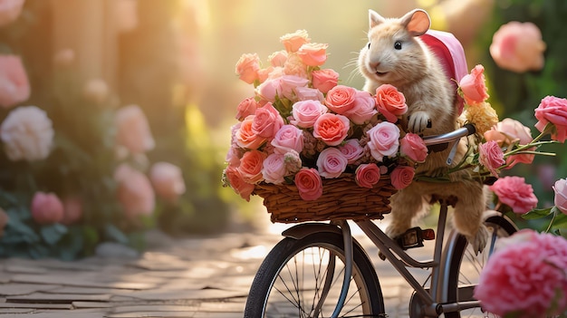 Hase fährt Fahrrad mit Korb mit Blumen