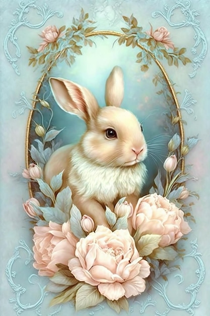 Hase im viktorianischen Stil mit Blumen Kaninchen für T-Shirt-Grafiken Generative KI
