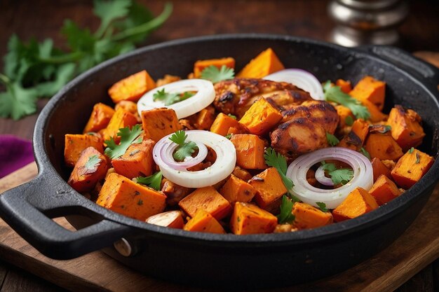 Foto hash de pollo tandoori con patatas dulces y cebollas