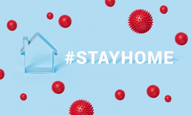 Hashtag fique em casa com casa em fundo azul, motivação banner covid-19