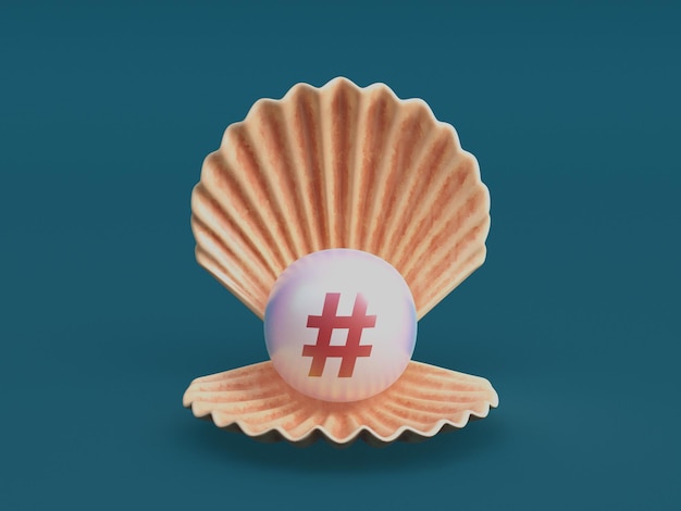 Hashtag Open Clam Discovery Pearl Sea Nature Treasure Social Media Marketing Ilustración 3D Render