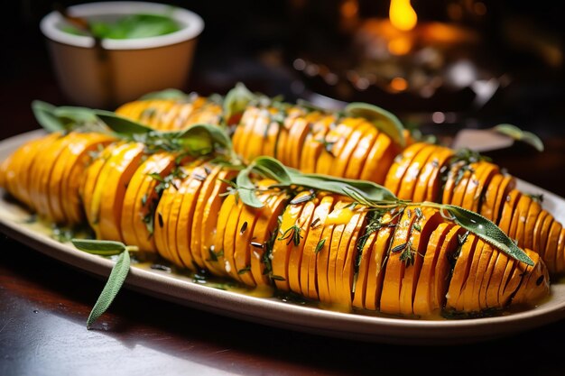 Foto hasselback butternut ssh com folhas de louro natal