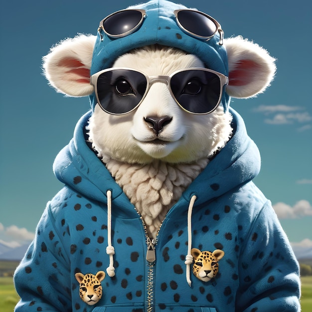 Hast du jemals etwas so entzückendes gesehen wie ein süßes Zeichentrick-Schafe, das einen lustigen Jaguar-Print-Hoodie trägt?