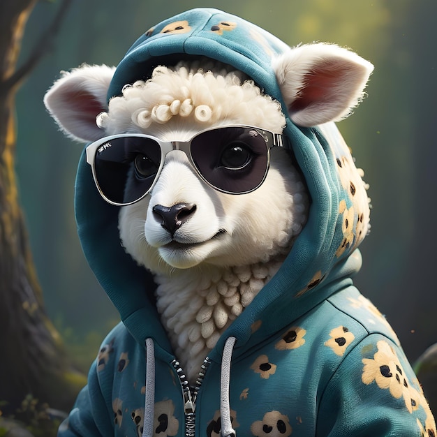Hast du jemals etwas so Süßes wie ein Zeichentrick-Schafe gesehen, das einen lustigen Jaguar-Print-Hoodie trägt?