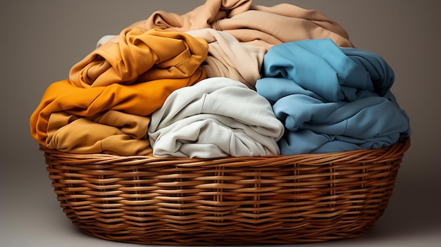 Haufen farbenfroher Kleidung im Korb auf grauem Hintergrund