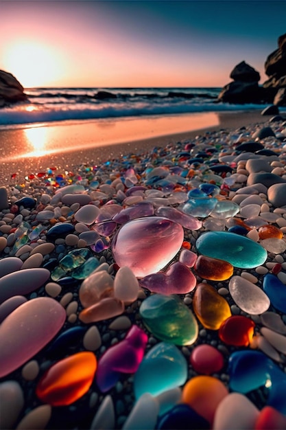 Haufen Felsen, die oben auf einem generativen ai des Strandes sitzen