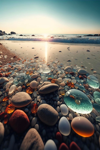 Haufen Felsen, die oben auf einem generativen ai des Strandes sitzen