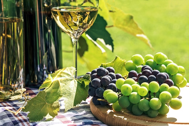 Haufen frischer Weintrauben neben Wein in einer Flasche und einem Weinglas auf dem Hintergrund eines rustikalen Weinbergs