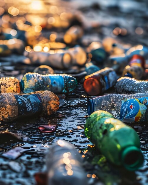 Haufen gebrauchter Plastikflaschen am Strand Verschmutzungskonzept