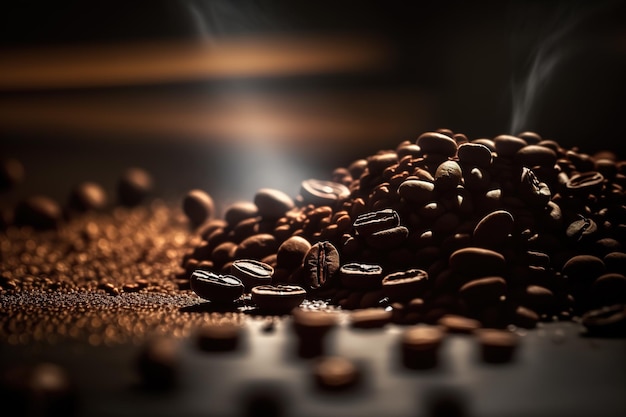 Haufen gerösteter Kaffeebohnen auf dunklem Hintergrund