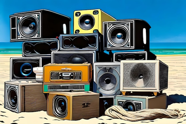 Haufen Lautsprecher am Strand
