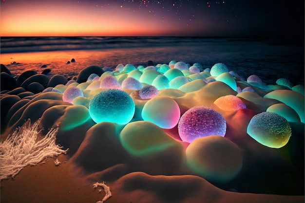 Haufen leuchtender Bälle, die auf einem sandigen Strand sitzen, generative ai