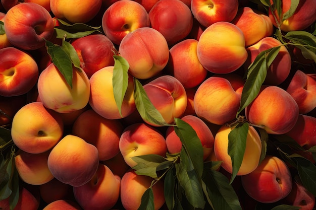 Haufen reifer Pfirsiche und Nektarinen am Obststand von oben