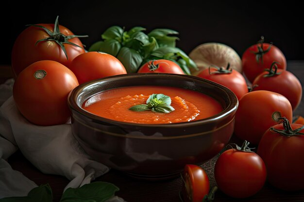 Haufen reifer saftiger Tomaten in einer Gazpacho-Suppenschüssel