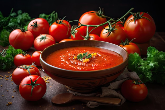 Haufen reifer saftiger Tomaten in einer Gazpacho-Suppenschüssel