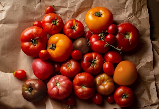 Haufen saftiger bunter Tomaten in einem Stapel auf Bastelpapier Organisches hässliches Gemüse Draufsicht mit Kopierraum