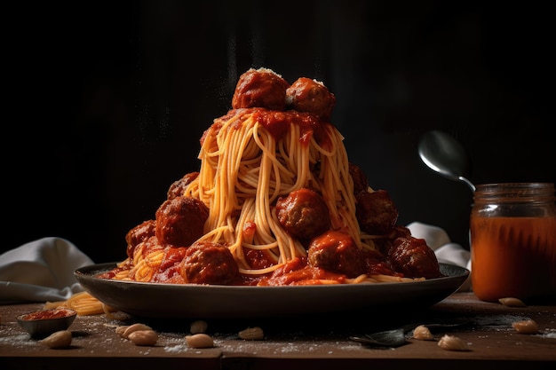 Haufen Spaghetti mit roter Soße und Fleischbällchen, hergestellt mit generativer KI