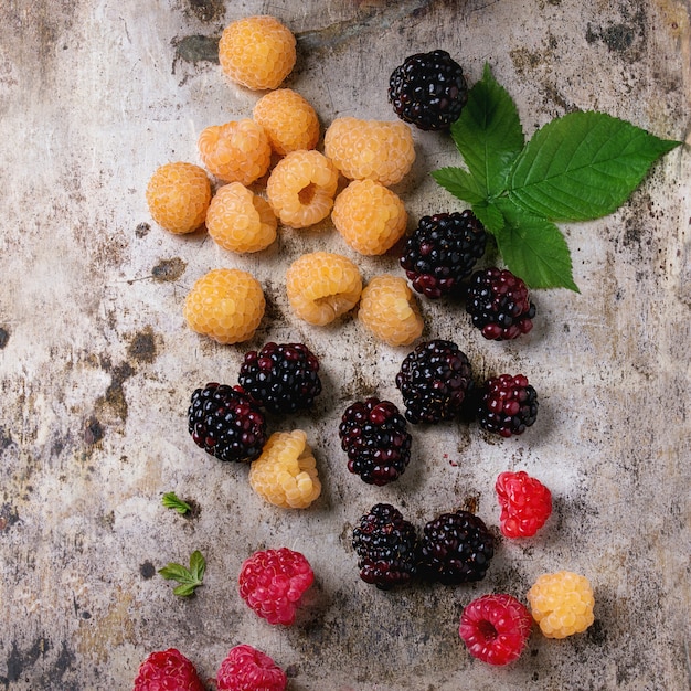 Haufen von bunten Himbeeren