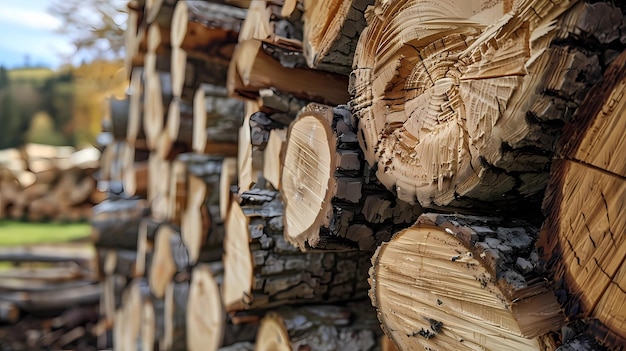 Haufen von gehacktem Brennholz, der für den Winter vorbereitet ist