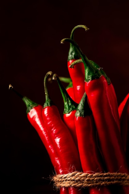 Haufen von Red Hot Chili Pepper Nahaufnahme auf einem dunklen Hintergrund selektiver Fokus keine Menschen Konzept Essen Hintergrund getönten Bild