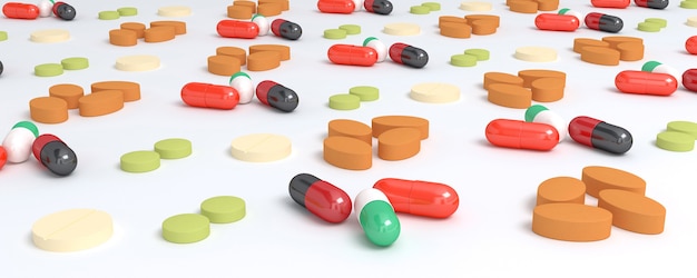 Haufen von Tabletten und Pillen verschiedener Formen auf einem weißen Hintergrund, 3d Illustration