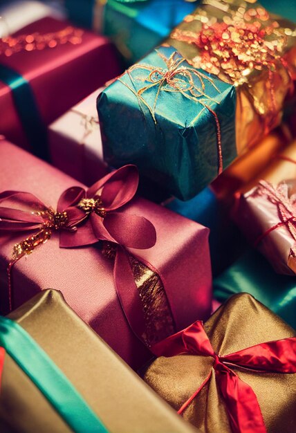 Haufen wunderschön verpackter Weihnachtsgeschenke farbenfrohes magisches Weihnachtskonzept Ein riesiger Haufen Weihnachtsgeschenke Black Friday Cyber Sunday Sale Concept