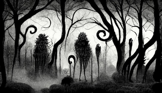 Haunted Forest gruselige Landschaft Illustration Fantasy Halloween Wald Hintergrund Digitale Kunst