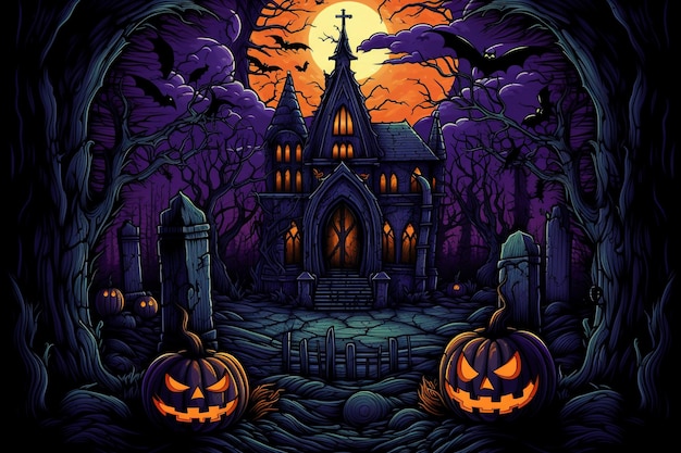 Haunted Halloween Nacht mit Haus und Fledermäuse Halloween Hintergrund