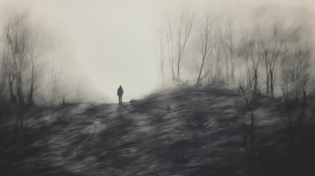 Foto haunting figuratism erforscht die tiefe des feldes in der nebelmalerei