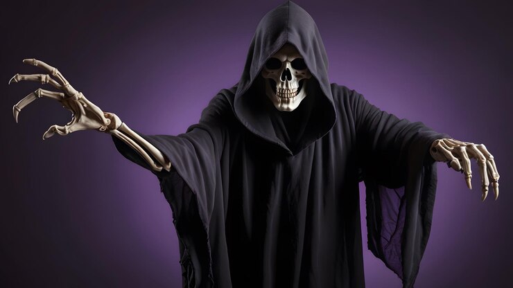 Haunting Grim Reaper se extiende en la capa con capucha negra con JackoLantern para los diseños de Halloween