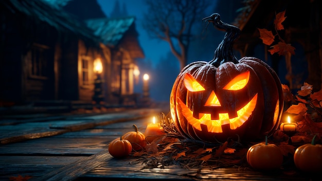 Haunting Halloween Szene beunruhigende Jack O Lanterns unheimliche Straße Generative KI