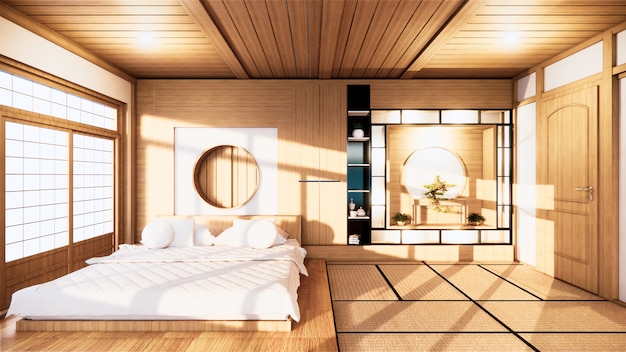 Hauptinnenwandmodell mit Holzbett im minimalen Design des Schlafzimmers. 3D-Rendering.