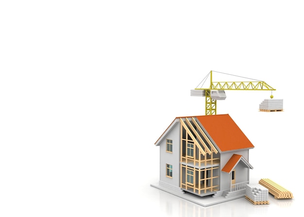 Haus 3D-Rendering-Illustration mit offenem Innenraum oben Blaupausen dokumentieren Kran- und Hypothekenberechnungen